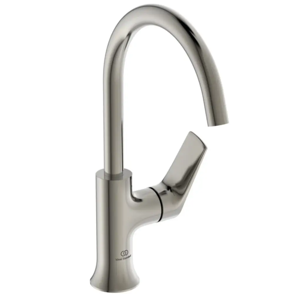Waschtischarmatur von Ideal Standard mit gebogenem Auslauf und seitlichem Hebel für die Temperaturregelung in Edelstahloptik.